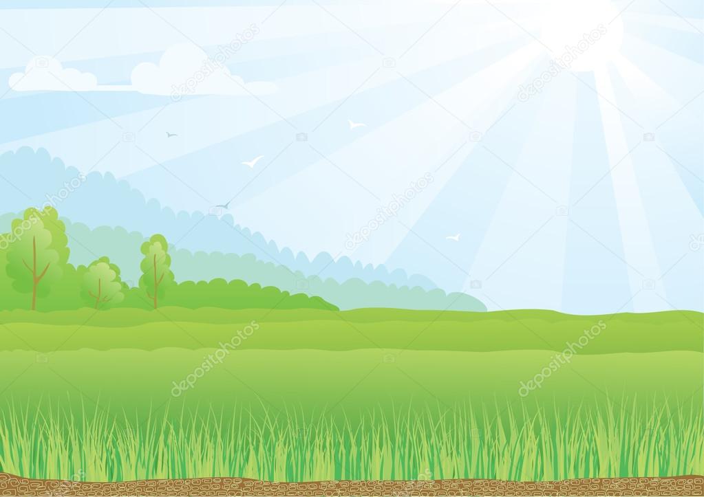 Illustration of green field with sunshine rays and blue sky.