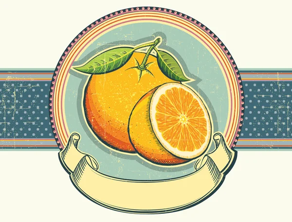 Vintage label illustration on old paper.Orange fresh fruits. — Stock Vector