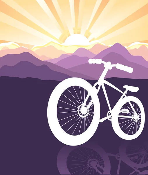 Silueta de bicicleta en las montañas fondo de la naturaleza con sol — Vector de stock