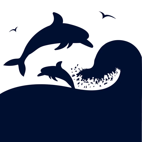 Delfinek Ugrás a nagy tenger hulláma. Vektoros silhouete elszigetelt w — Stock Vector
