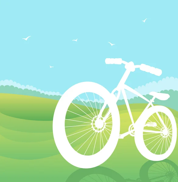 Silueta de bicicleta en el paisaje de la naturaleza de verano.Vector illustratio — Vector de stock