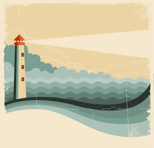 Vuurtoren en zee waves.vintage afbeelding op oude achtergrond — Stockvector