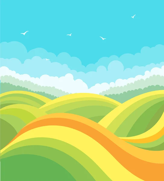 Paisagem da natureza com campos verdes e pássaros no céu azul.Vector —  Vetores de Stock