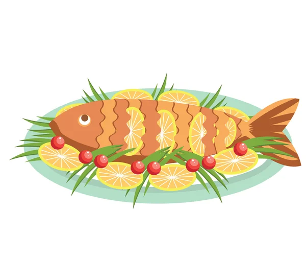 Vector cooked fish with lemons .Vector food isolated on white — Stock Vector