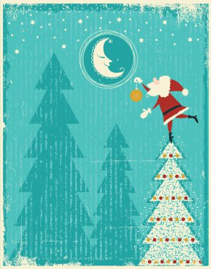 Noel Baba ve güzel moon.vector ihale ca Vintage Noel kartı