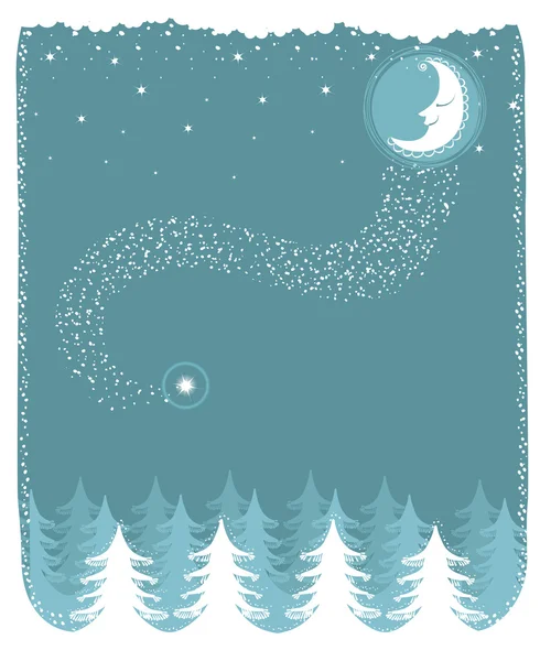 Snowy landscape with nice moon and forest.Vector christmas card — Stock Vector