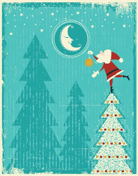 Vintage Weihnachtskarte mit Weihnachtsmann und schönem Mond.Vektor zart ca — Stockvektor