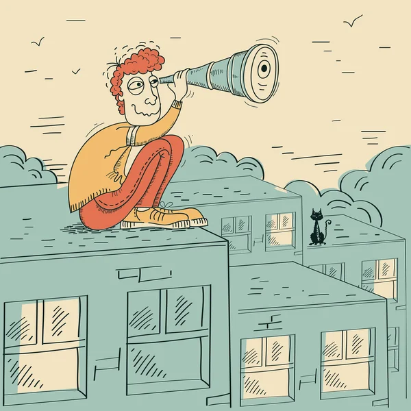çatıda oturan genç bir telescope.vector adam aramak