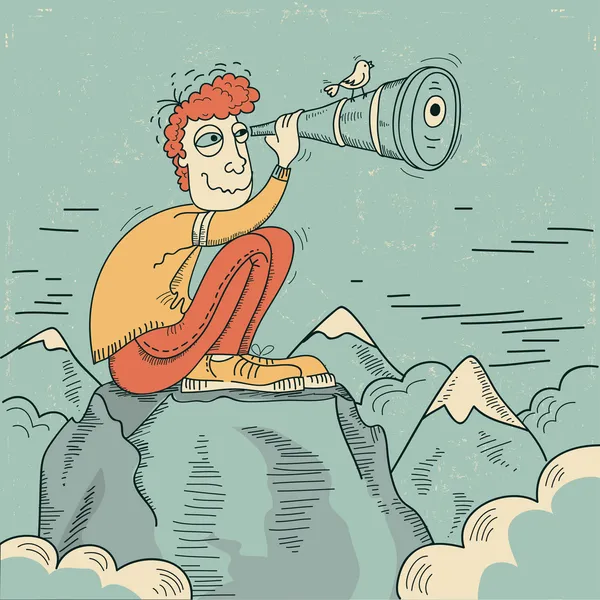 teleskopla bakarak ve dağlar üzerinde oturan genç adam