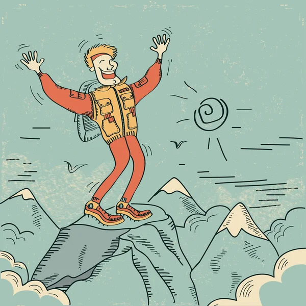 Man standing top of mountain.Vector illustration — Stock Vector