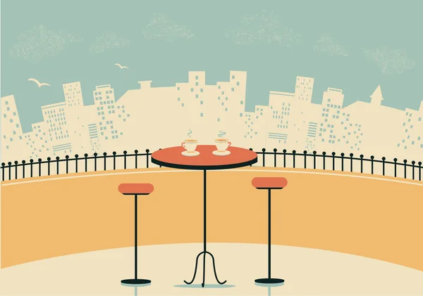 Café da cidade com mesa e xícaras de café — Vetor de Stock