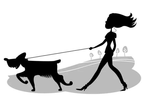 Jeune femme promenant le chien.Silhouette vectorielle noire — Image vectorielle