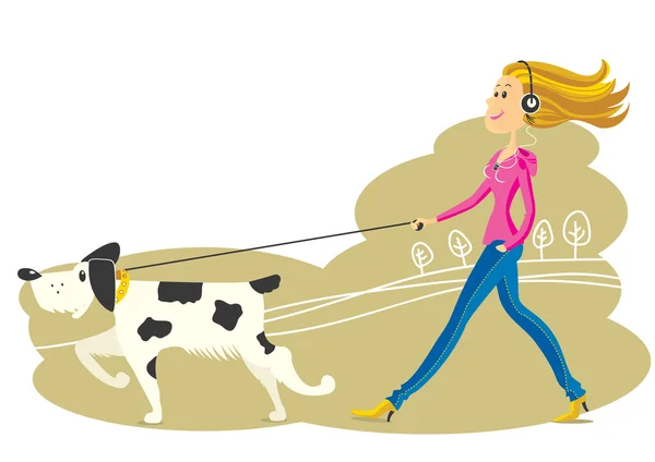 Mujer joven paseando al perro — Vector de stock