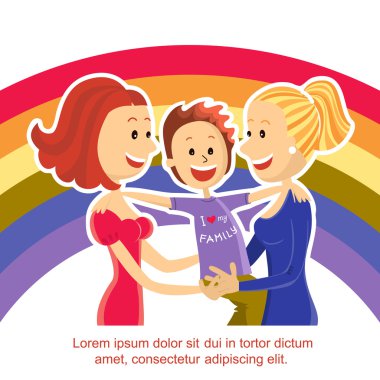 Genç lezbiyen çift ailesi ile oğlu gökkuşağı sembolü
