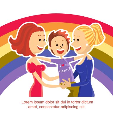 Young lesbian couple family with son on rainbow symbol clipart