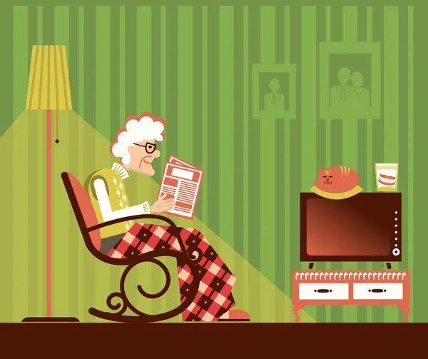 Old woman sitting and reading newspaper — Stock Illustration Old woman sitting and reading newspaper Stock Vector