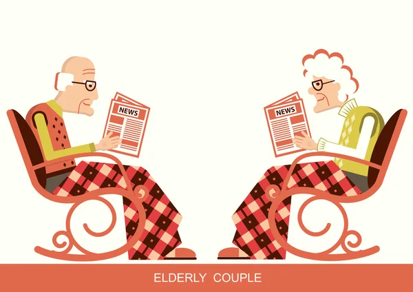 Pensionär i stol sitter och läser tidningen — Stock vektor