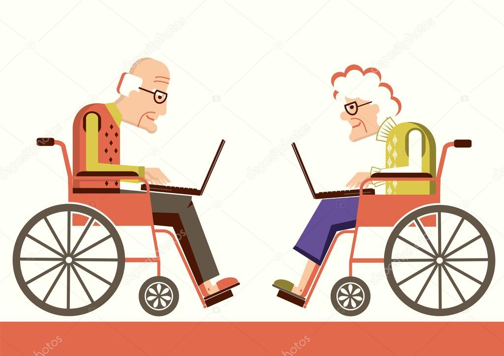 Pensioners in a wheelchairs with laptops