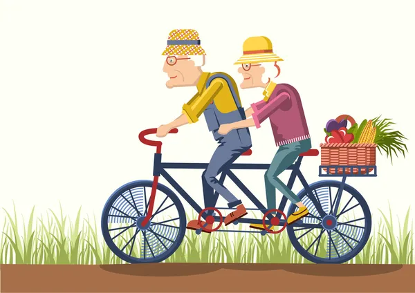 Vecchio uomo e vecchia donna guidare in bicicletta.Vector coppia giardinieri — Vettoriale Stock