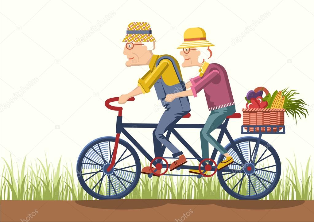 Old man and old woman  drive by bike.Vector couple gardeners
