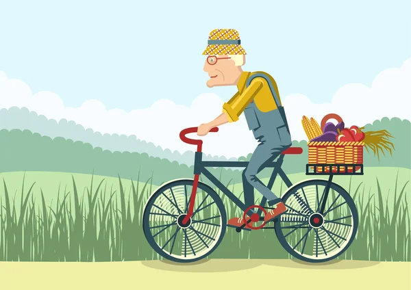 Old man drive by bike.Vector gardener — Stock Vector