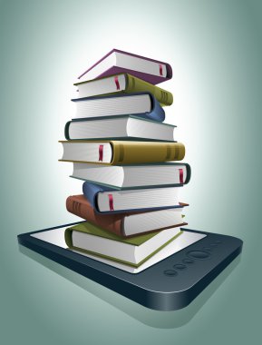 e-okuyucu üzerinde kitap yığını.