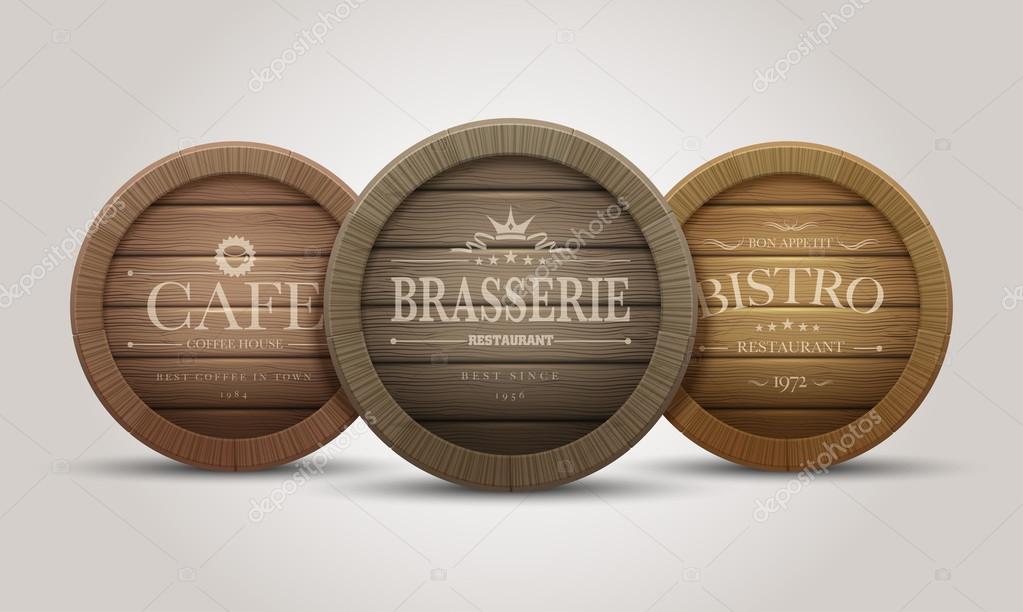 Wooden barrel signboards for cafe, restaurant, bistro, brasserie, beer, wine or whiskey. Vector illustration.