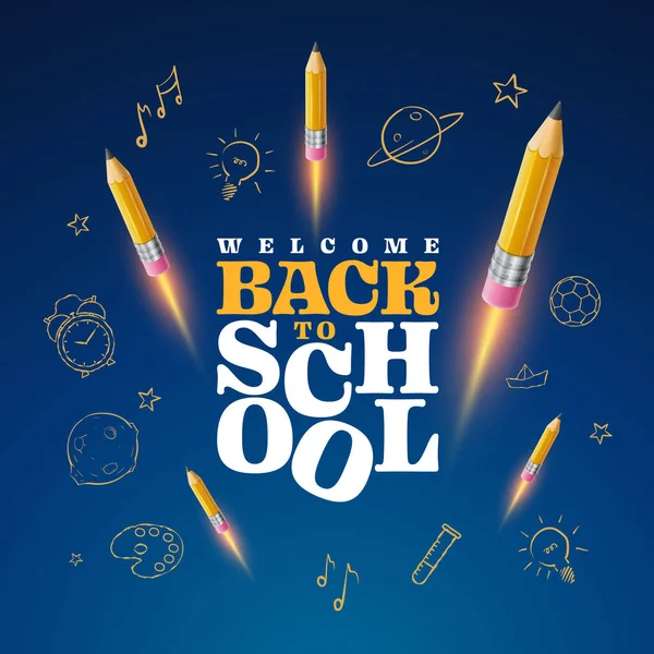 Welcome Back School Typographic Vector Design Pencil Rockets Illustration Hand — Vetor de Stock
