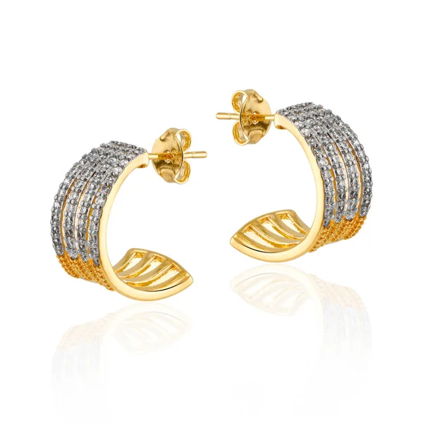 Gold Earring Crystal Zirconia Stud Fastening Rhodium Details — Fotografia de Stock