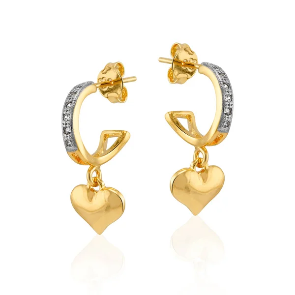 Gold Earring Dangling Heart Crystal Zirconia Stud Fastening Rhodium Details — Fotografia de Stock