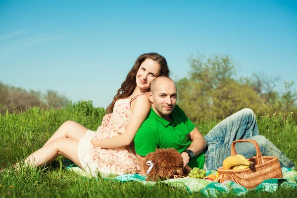 Zwangere echtpaar met hond op de picknick — Stockfoto