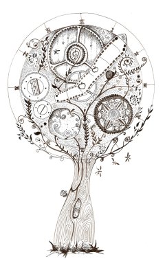Clock tree, hand drawing, ink clipart