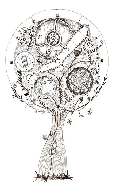 Zegar drzewo, rysunek tuszem — Zdjęcie stockowe