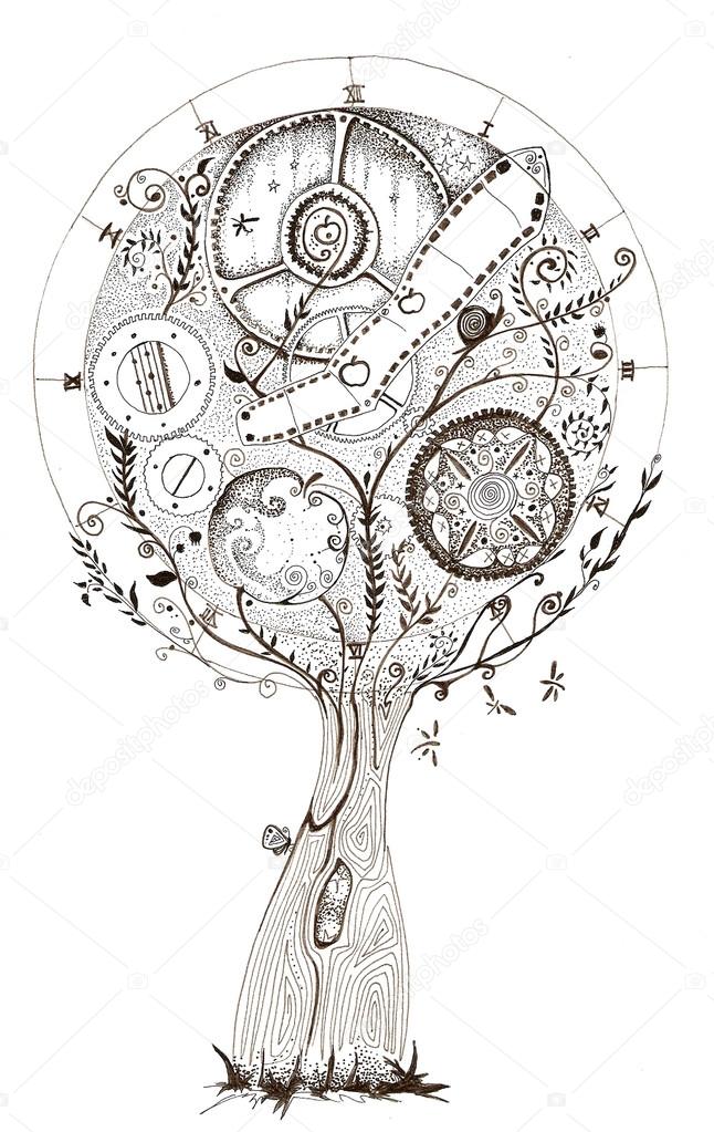 Clock tree, hand drawing, ink