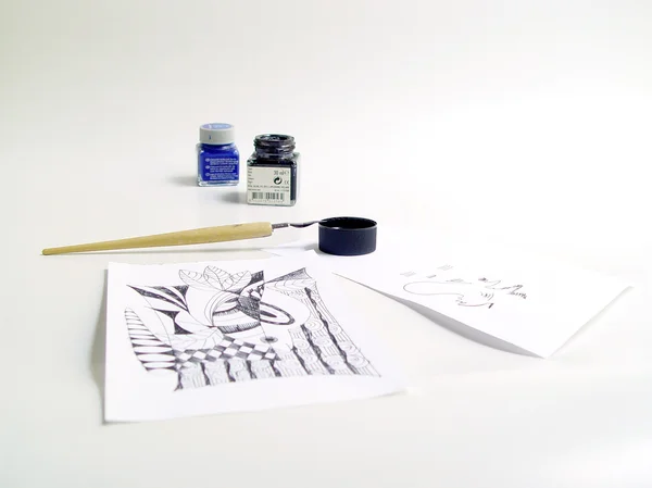 Mürekkep kalem ve çizim — Stok fotoğraf