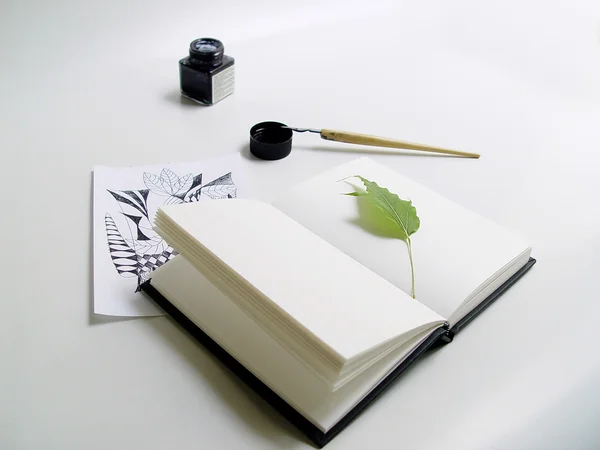 Pen, ink and drawing book — Stock Photo, Image
