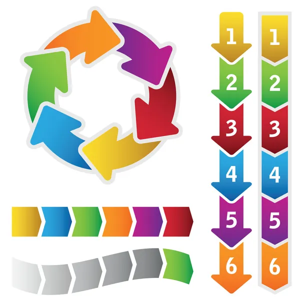 Diagrama de círculo colorido e um conjunto de setas de gráfico — Vetor de Stock