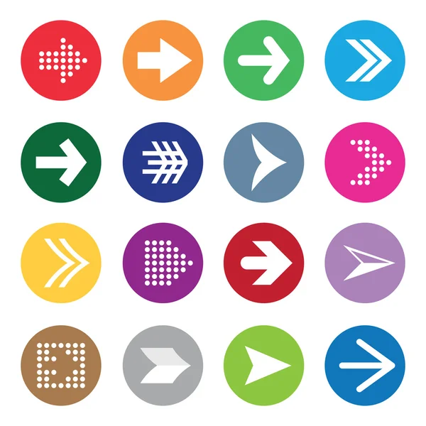 Set di simboli freccia sui cerchi di colore isolati sul backgro bianco — Vettoriale Stock