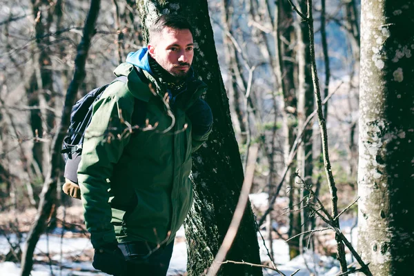 Attractive Caucasian Male Hiking Forest Young Hiker Going Mountain Woods Royalty Free Stock Photos