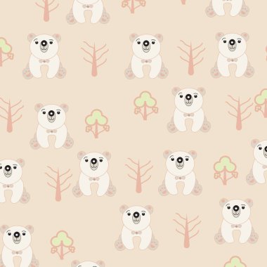 Bebek ayı, çocuklar için kusursuz el çizimi deseni. Elbise basma modasına grafik tasarım, tebrik kartı vektörü, arka planda ağaç olan panda.