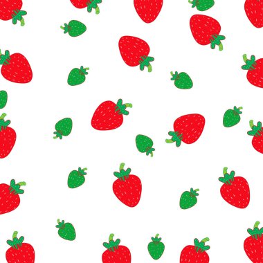 Karikatür çilekleri ve kırmızı, yeşil, yaprak, olgun meyveler beyaz arka plan vektöründe el çizimi fasihion için resim, izole edilmiş kağıt kart.