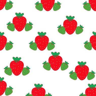 Karikatür çilekleri ve kırmızı, yeşil, yaprak, olgun meyveler beyaz arka plan vektöründe el çizimi fasihion için resim, izole edilmiş kağıt kart.