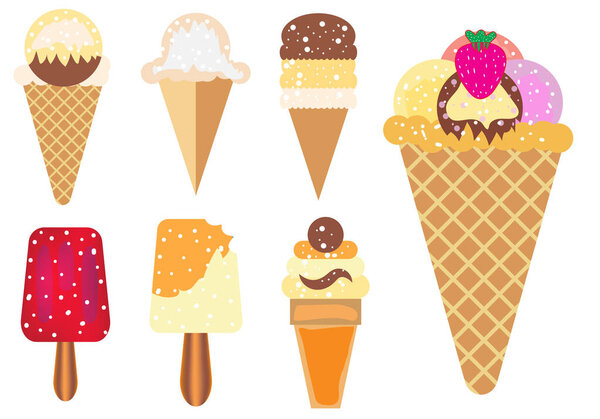 Set of ice creams with yogurt, chocolate and milk on white background vector 