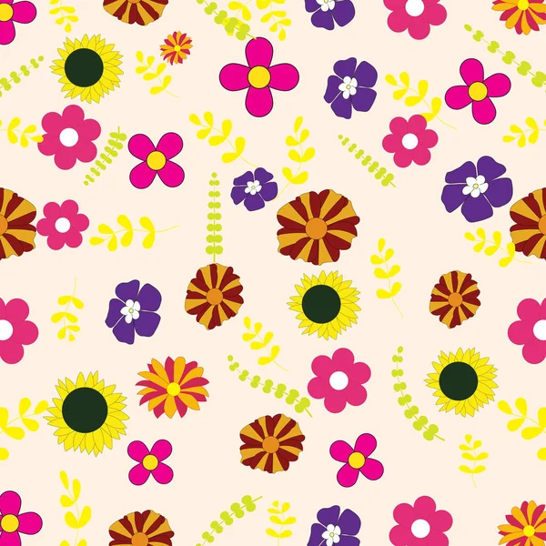 Çok renkli farklı romantik çiçekler, pürüzsüz desenli, fuşya vektörü çizimi olan.