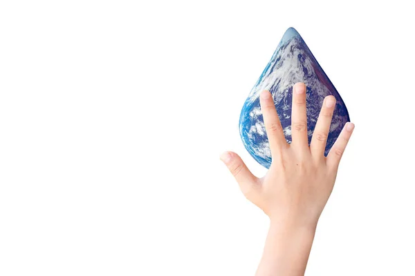 Young Hand Touch Earth Shape Water Drop Top Children Hand — Stock Photo, Image