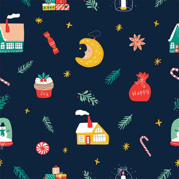 Karanlık bir arka planda kusursuz bir Noel deseni. Yeni yılda ev, ay, mum, ökseotu, kar küresi. Vektör çizimi. Çocuklar için kış şablonu tekstil, dekor, kumaş, ambalaj kağıdı.