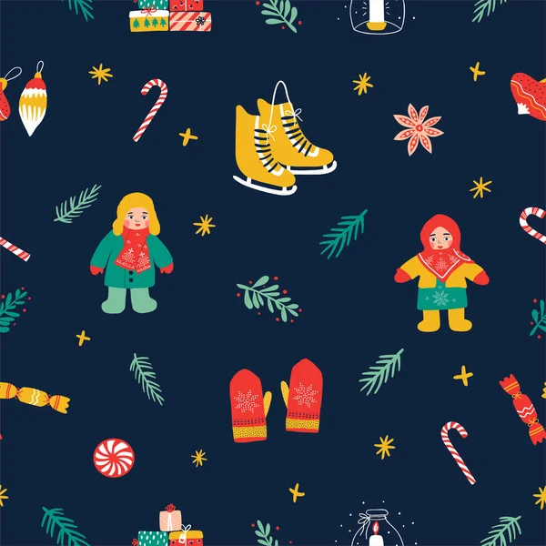 Karanlık bir arka planda kusursuz bir Noel deseni. Çocuklar, mum, ökseotu, hediye kutusu, Noel ağacı oyuncağı, mum. Yeni yıl için dekorasyon malzemeleri. El çizimi vektör illüstrasyonu