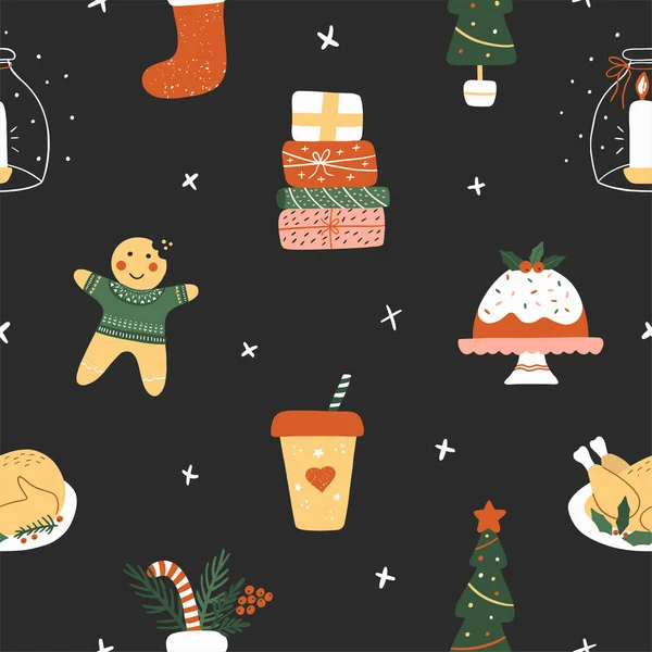 Рождественский бесшовный узор с милым смешным человеком печенье, подарки, чашка какао, свеча, индейка, рождественский носок и елка на темном фоне. Векторная иллюстрация. — стоковый вектор