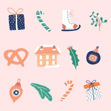 Pembe arka planda Noel seti. Ev, ökseotu, kraker, patenler, Noel oyuncakları, hediye kutusu, lolipop bastonu. Yeni yıl tatili dekorasyonu. Takvim için elementler. El çizimi vektör illüstrasyonu