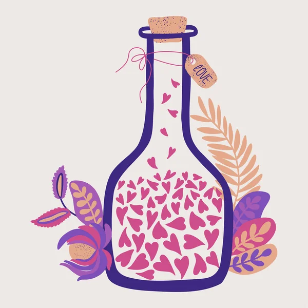 Valentines Day card with hearts inside a bottle and exotic plants. Vector illustration for Mothers Day. Love postcard concept. — Stok Vektör
